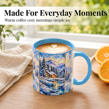 #pl[11oz|Blue] Crystal Winter Cabin Coffee Mug, Mountain Scene Mug, Ceramic Cup