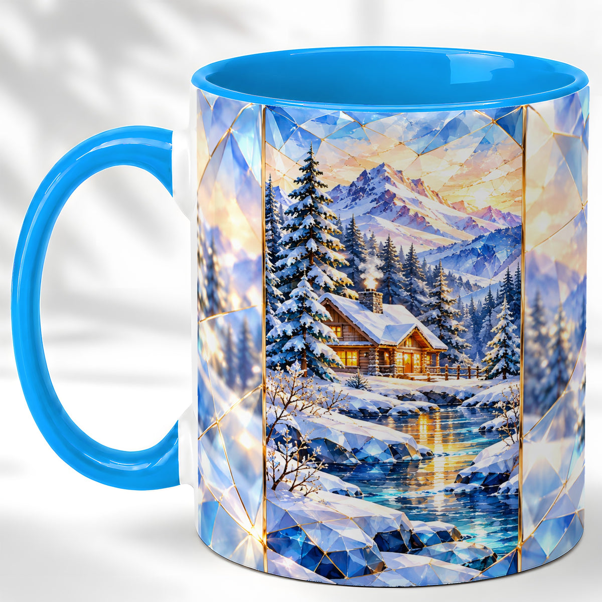 #pl[11oz|Blue] Crystal Winter Cabin Coffee Mug, Mountain Scene Mug, Ceramic Cup