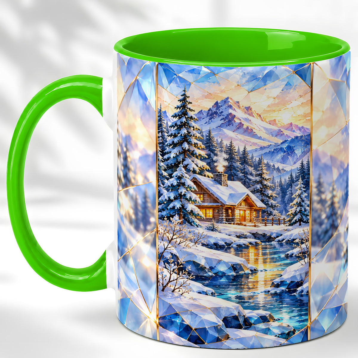 #pl[11oz|Green] Crystal Winter Cabin Coffee Mug, Mountain Scene Mug, Ceramic Cup
