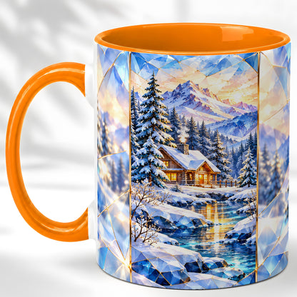 #pl[11oz|Orange] Crystal Winter Cabin Coffee Mug, Mountain Scene Mug, Ceramic Cup