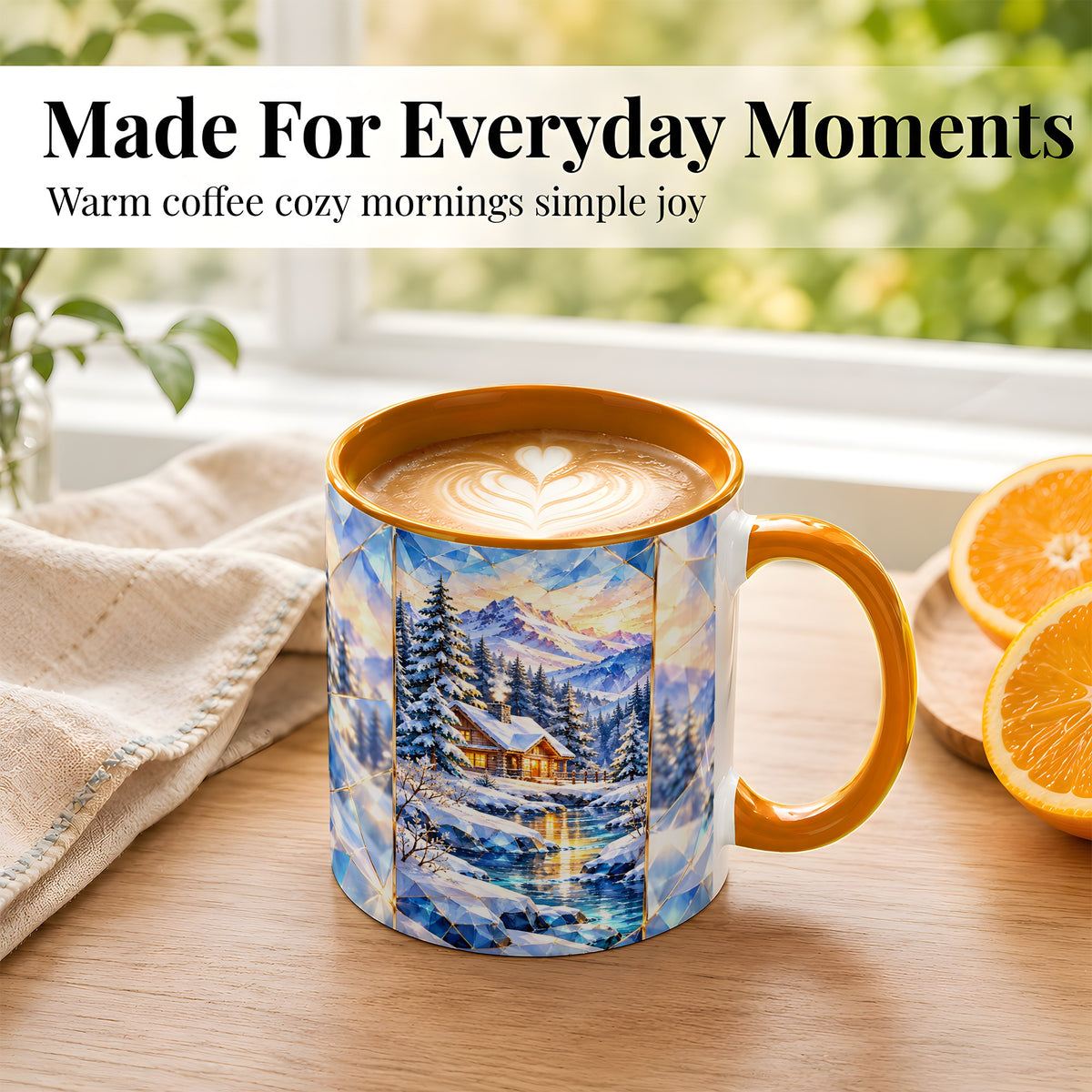 #pl[11oz|Orange] Crystal Winter Cabin Coffee Mug, Mountain Scene Mug, Ceramic Cup