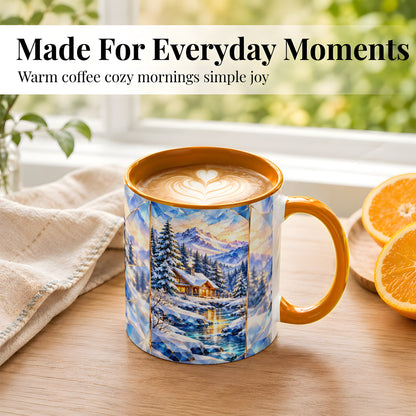 #pl[11oz|Orange] Crystal Winter Cabin Coffee Mug, Mountain Scene Mug, Ceramic Cup