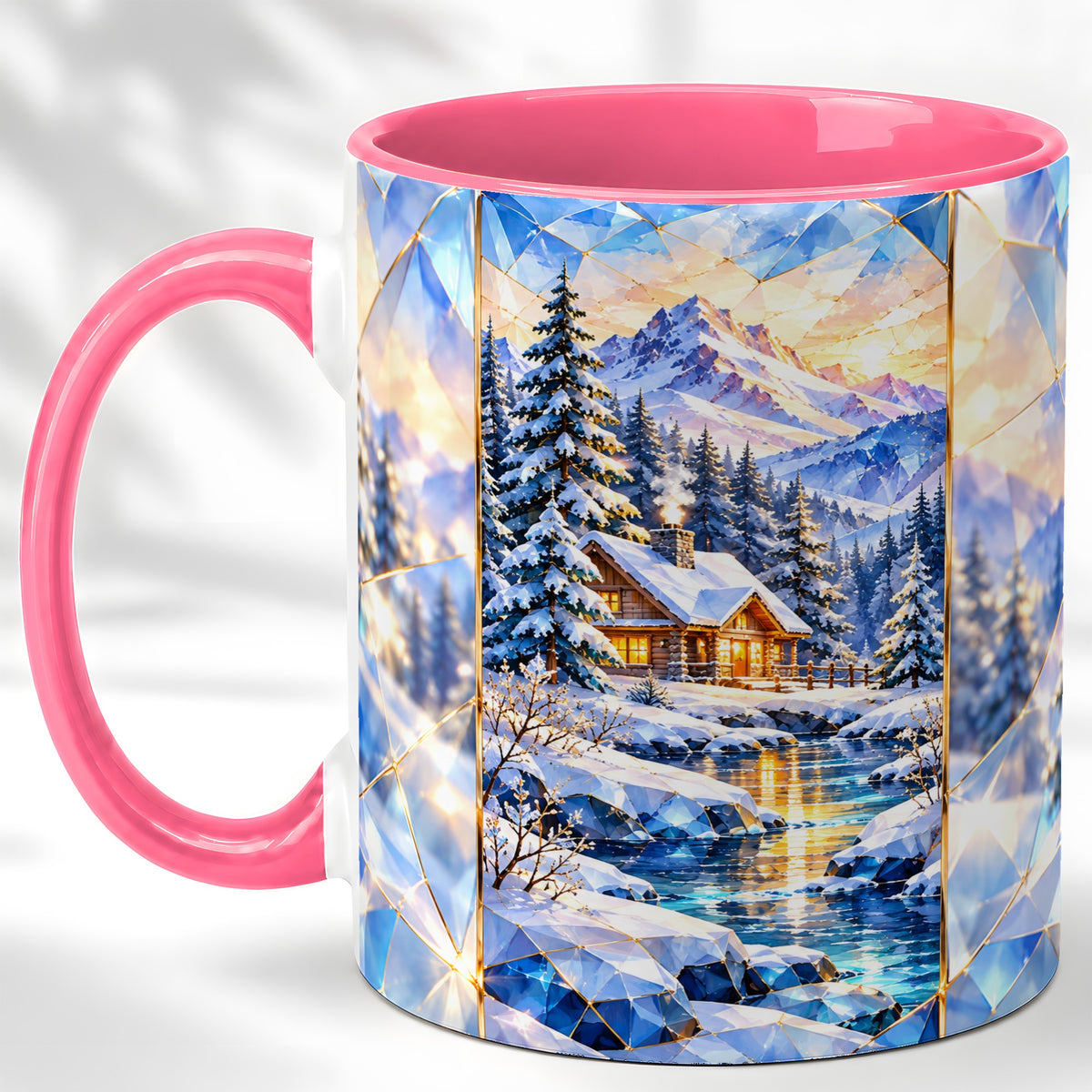 #pl[11oz|Pink] Crystal Winter Cabin Coffee Mug, Mountain Scene Mug, Ceramic Cup