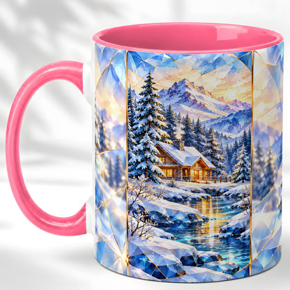 #pl[11oz|Pink] Crystal Winter Cabin Coffee Mug, Mountain Scene Mug, Ceramic Cup