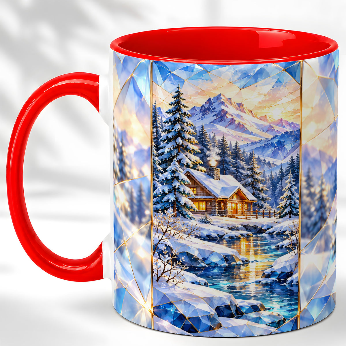 Crystal Winter Cabin Coffee Mug, Mountain Scene Mug, Ceramic Cup
