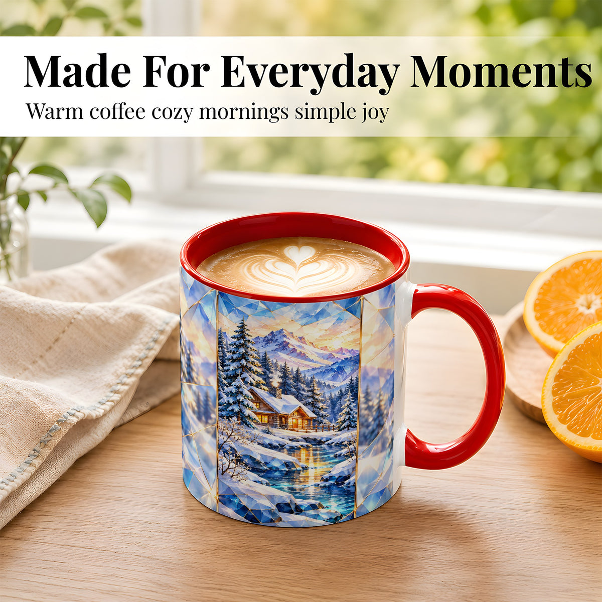 #pl[11oz|Red] Crystal Winter Cabin Coffee Mug, Mountain Scene Mug, Ceramic Cup