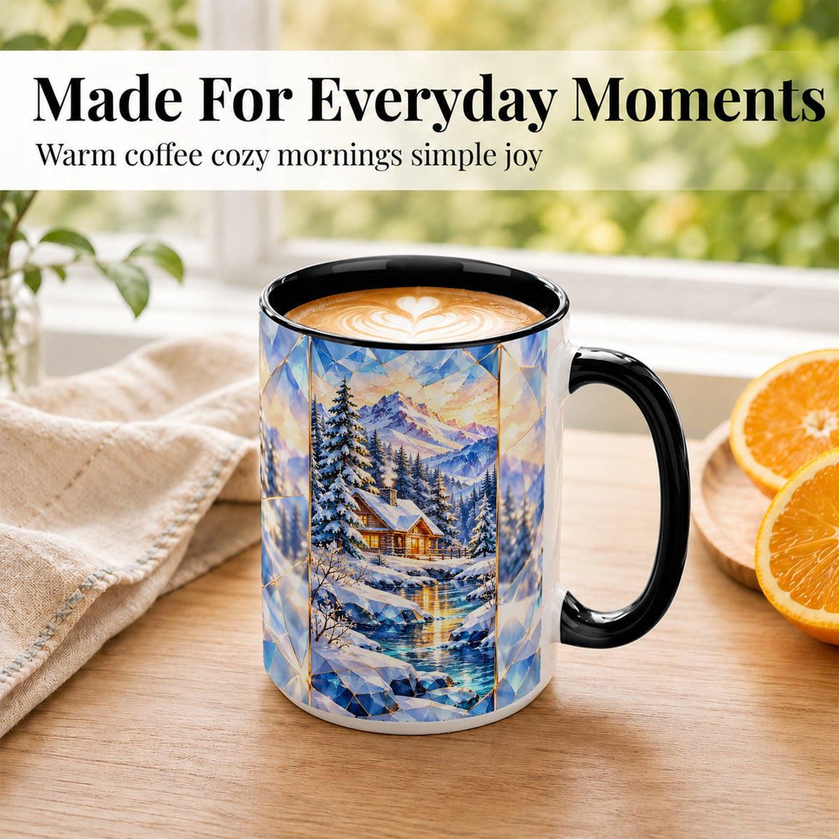 #pl[15oz|Black] Crystal Winter Cabin Coffee Mug, Mountain Scene Mug, Ceramic Cup