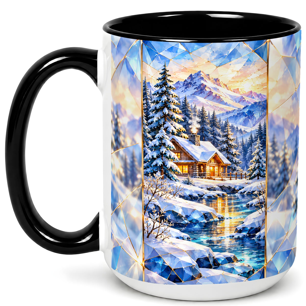 #pl[15oz|Black] Crystal Winter Cabin Coffee Mug, Mountain Scene Mug, Ceramic Cup