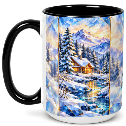 #pl[15oz|Black] Crystal Winter Cabin Coffee Mug, Mountain Scene Mug, Ceramic Cup