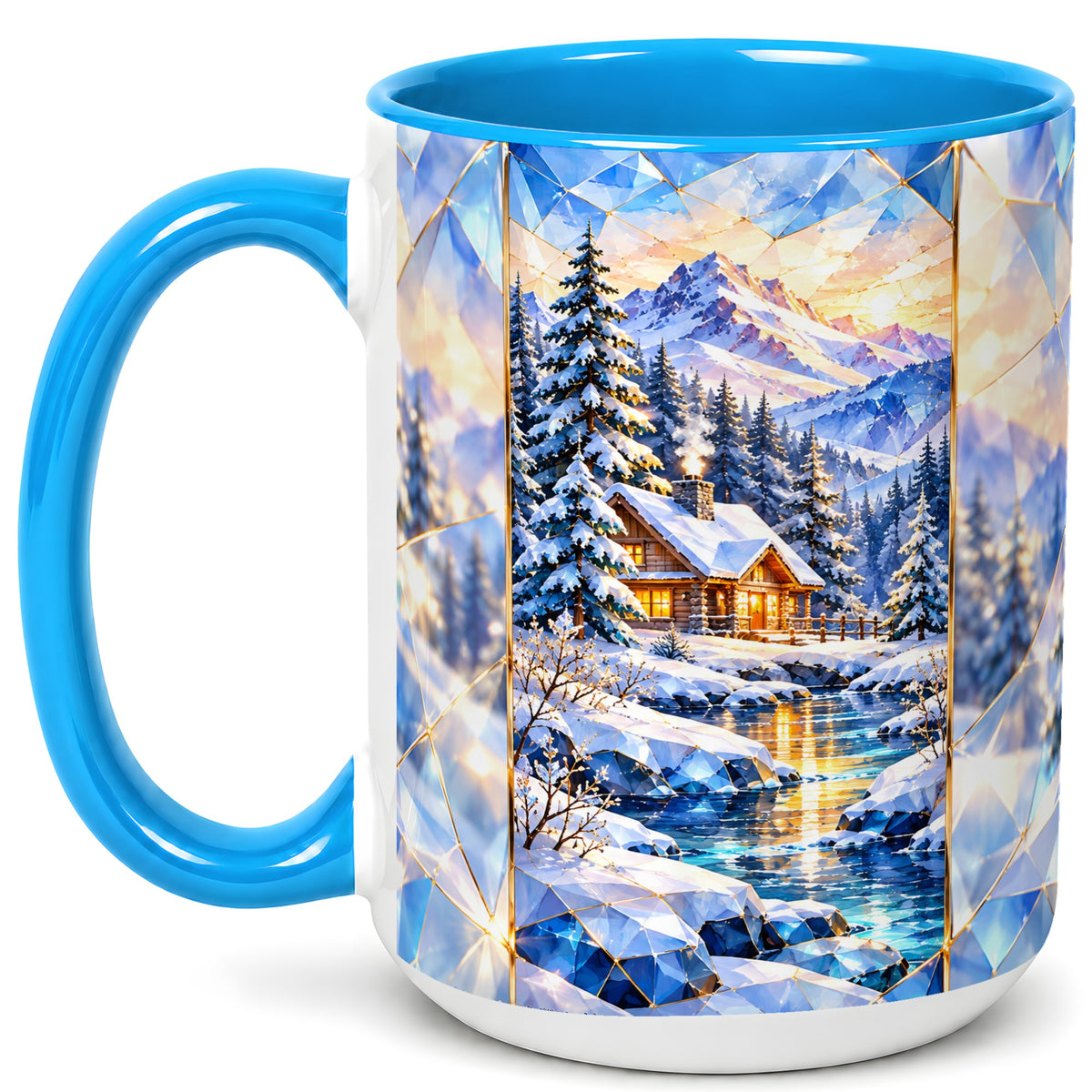 #pl[15oz|Blue] Crystal Winter Cabin Coffee Mug, Mountain Scene Mug, Ceramic Cup