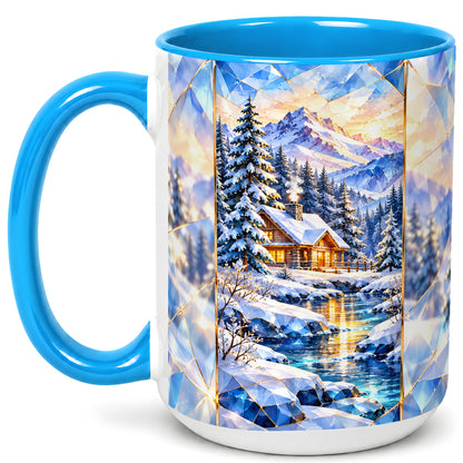 #pl[15oz|Blue] Crystal Winter Cabin Coffee Mug, Mountain Scene Mug, Ceramic Cup