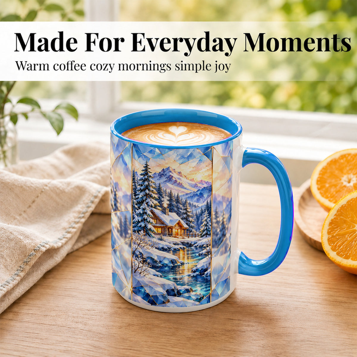 #pl[15oz|Blue] Crystal Winter Cabin Coffee Mug, Mountain Scene Mug, Ceramic Cup
