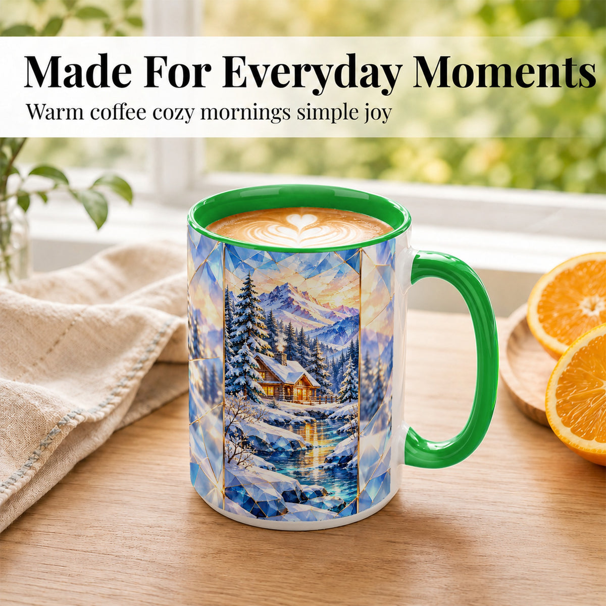 #pl[15oz|Green] Crystal Winter Cabin Coffee Mug, Mountain Scene Mug, Ceramic Cup