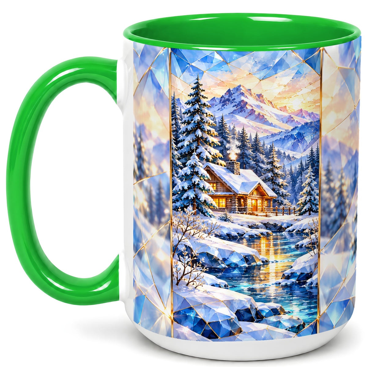 #pl[15oz|Green] Crystal Winter Cabin Coffee Mug, Mountain Scene Mug, Ceramic Cup