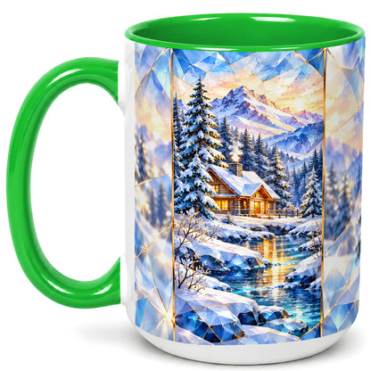 #pl[15oz|Green] Crystal Winter Cabin Coffee Mug, Mountain Scene Mug, Ceramic Cup