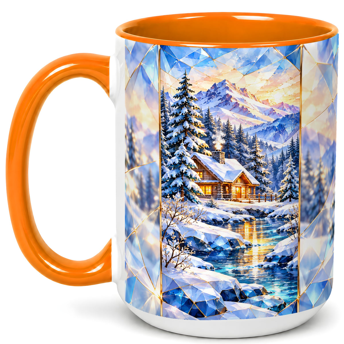 #pl[15oz|Orange] Crystal Winter Cabin Coffee Mug, Mountain Scene Mug, Ceramic Cup