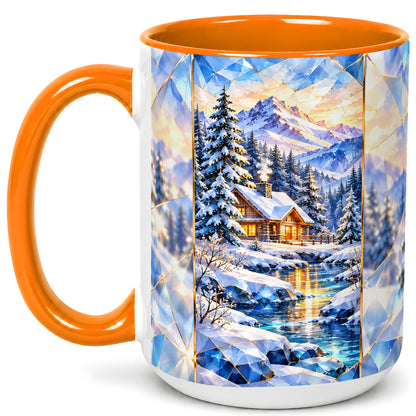 #pl[15oz|Orange] Crystal Winter Cabin Coffee Mug, Mountain Scene Mug, Ceramic Cup