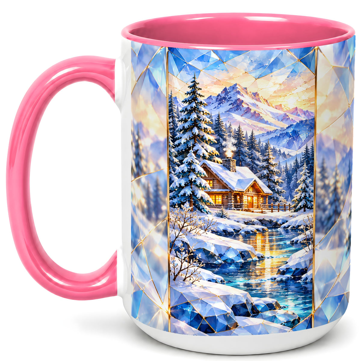 #pl[15oz|Pink] Crystal Winter Cabin Coffee Mug, Mountain Scene Mug, Ceramic Cup