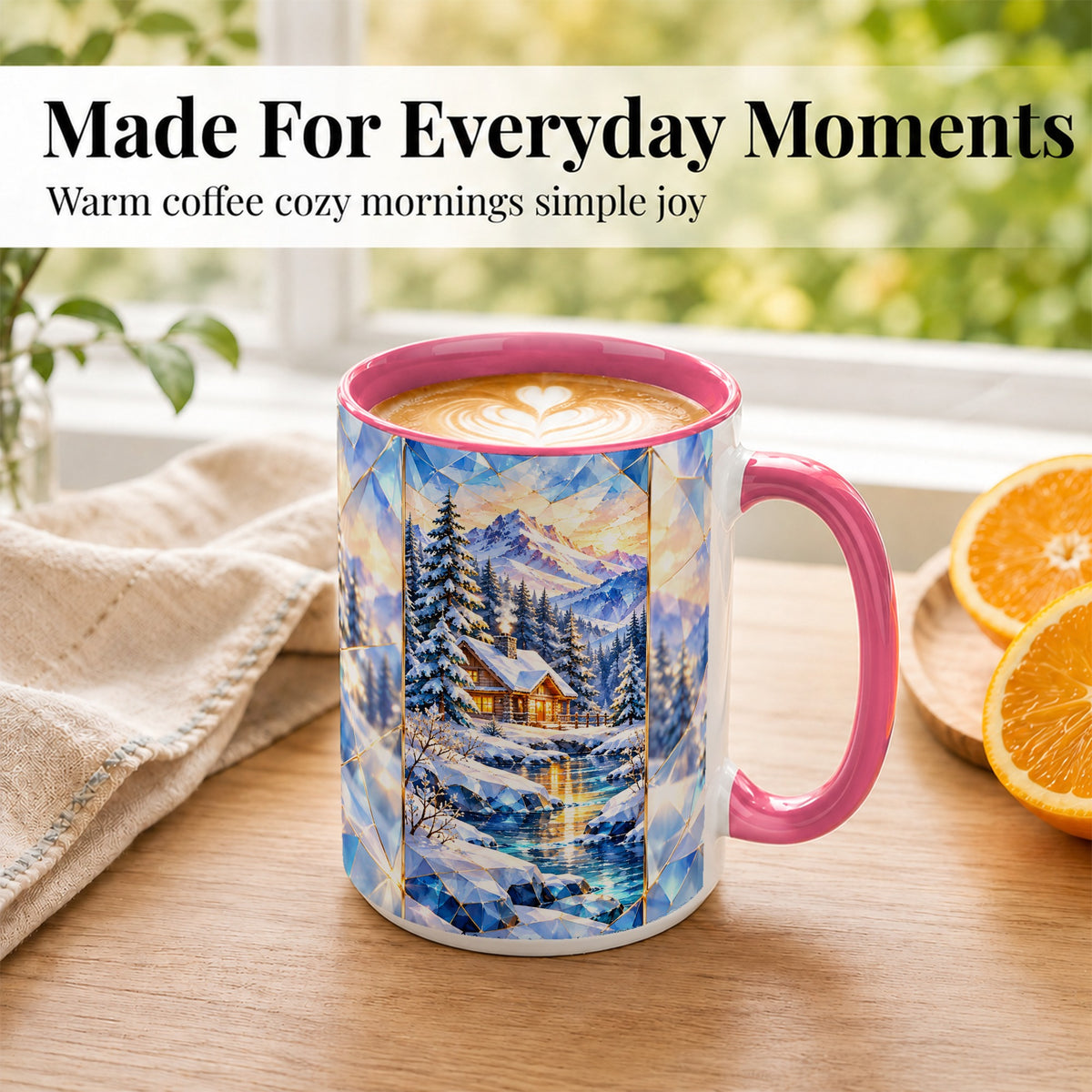 #pl[15oz|Pink] Crystal Winter Cabin Coffee Mug, Mountain Scene Mug, Ceramic Cup