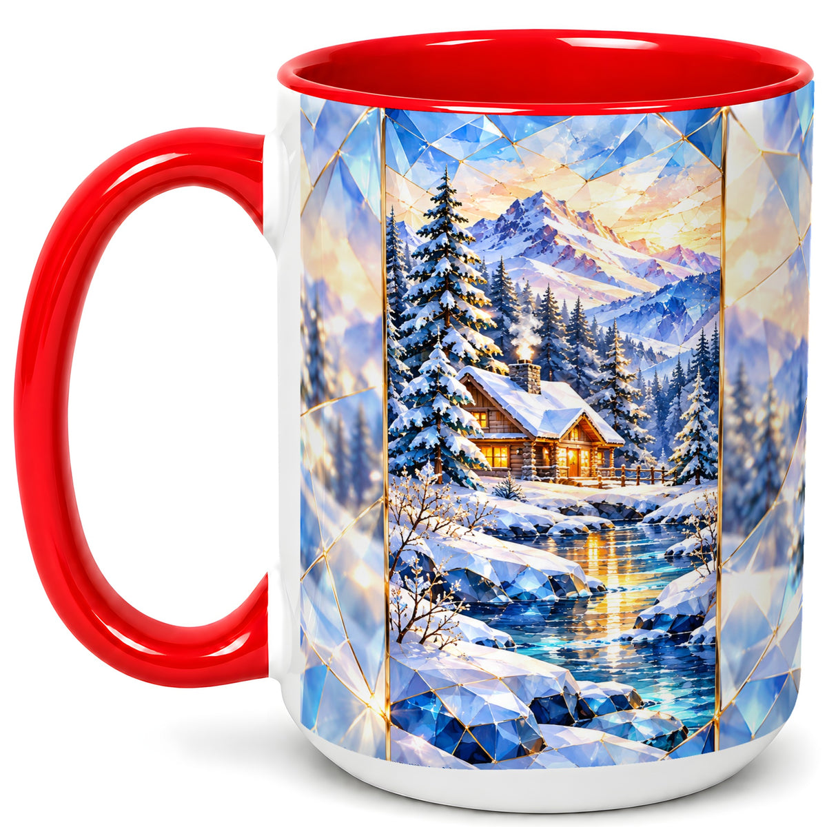 #pl[15oz|Red] Crystal Winter Cabin Coffee Mug, Mountain Scene Mug, Ceramic Cup