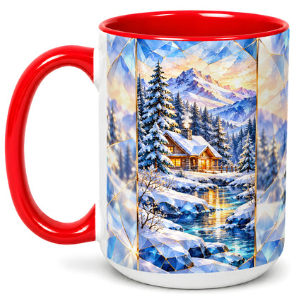 #pl[15oz|Red] Crystal Winter Cabin Coffee Mug, Mountain Scene Mug, Ceramic Cup