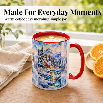 #pl[15oz|Red] Crystal Winter Cabin Coffee Mug, Mountain Scene Mug, Ceramic Cup