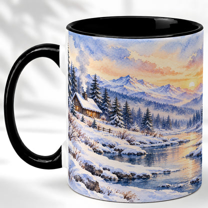 #pl[11oz|Black] Watercolor Winter Cabin Coffee Mug, Snowy Mountain Mug, Ceramic Cup