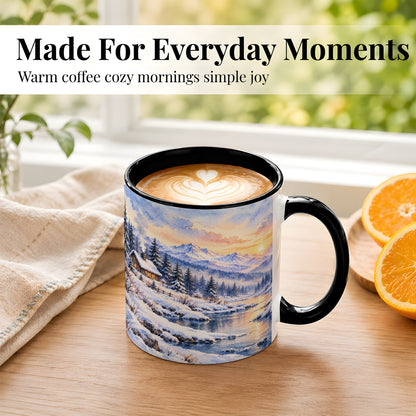 #pl[11oz|Black] Watercolor Winter Cabin Coffee Mug, Snowy Mountain Mug, Ceramic Cup