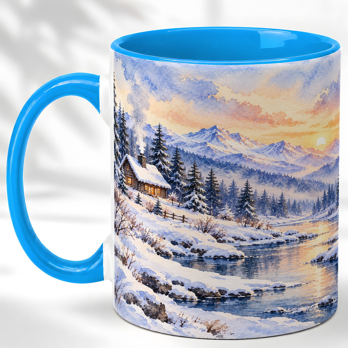 #pl[11oz|Blue] Watercolor Winter Cabin Coffee Mug, Snowy Mountain Mug, Ceramic Cup