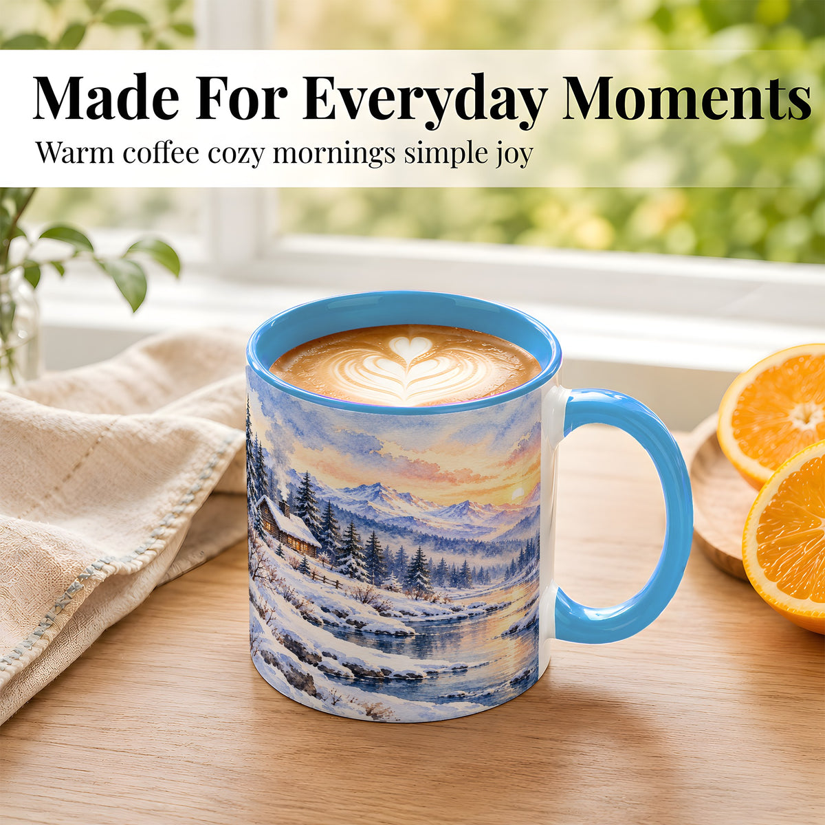 #pl[11oz|Blue] Watercolor Winter Cabin Coffee Mug, Snowy Mountain Mug, Ceramic Cup