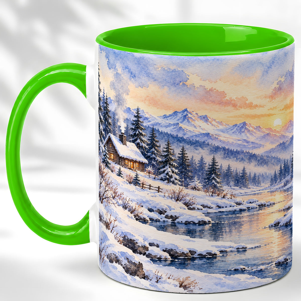 #pl[11oz|Green] Watercolor Winter Cabin Coffee Mug, Snowy Mountain Mug, Ceramic Cup