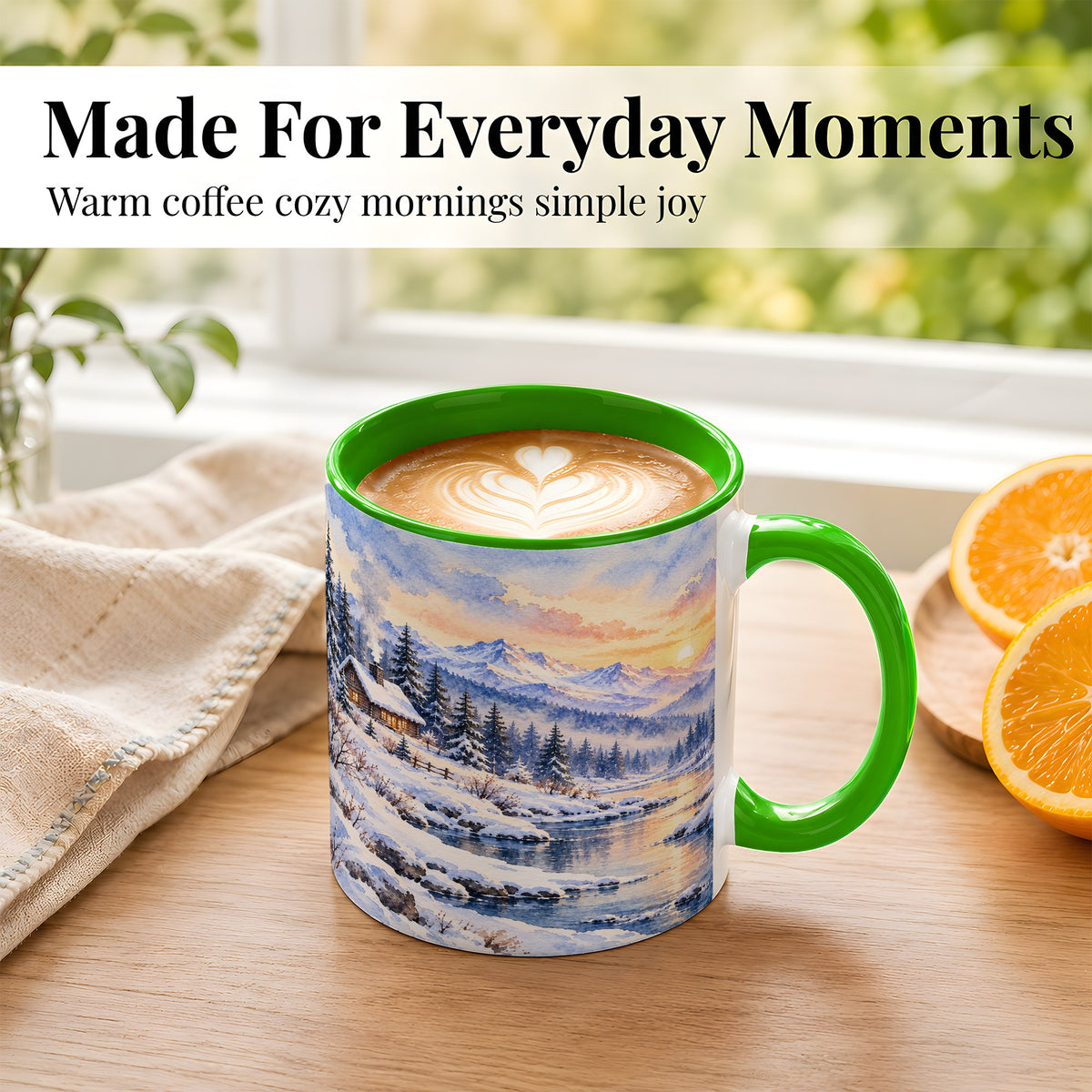 #pl[11oz|Green] Watercolor Winter Cabin Coffee Mug, Snowy Mountain Mug, Ceramic Cup