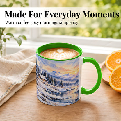 #pl[11oz|Green] Watercolor Winter Cabin Coffee Mug, Snowy Mountain Mug, Ceramic Cup