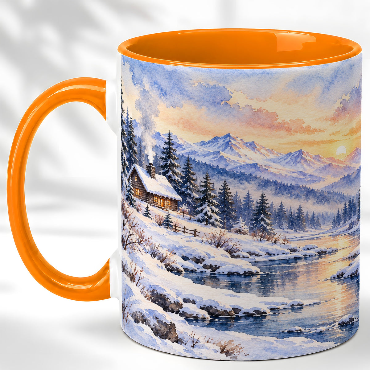 #pl[11oz|Orange] Watercolor Winter Cabin Coffee Mug, Snowy Mountain Mug, Ceramic Cup