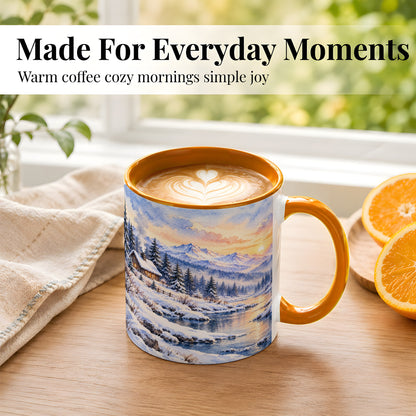 #pl[11oz|Orange] Watercolor Winter Cabin Coffee Mug, Snowy Mountain Mug, Ceramic Cup