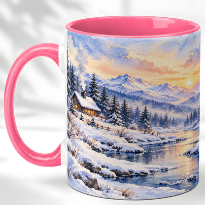#pl[11oz|Pink] Watercolor Winter Cabin Coffee Mug, Snowy Mountain Mug, Ceramic Cup