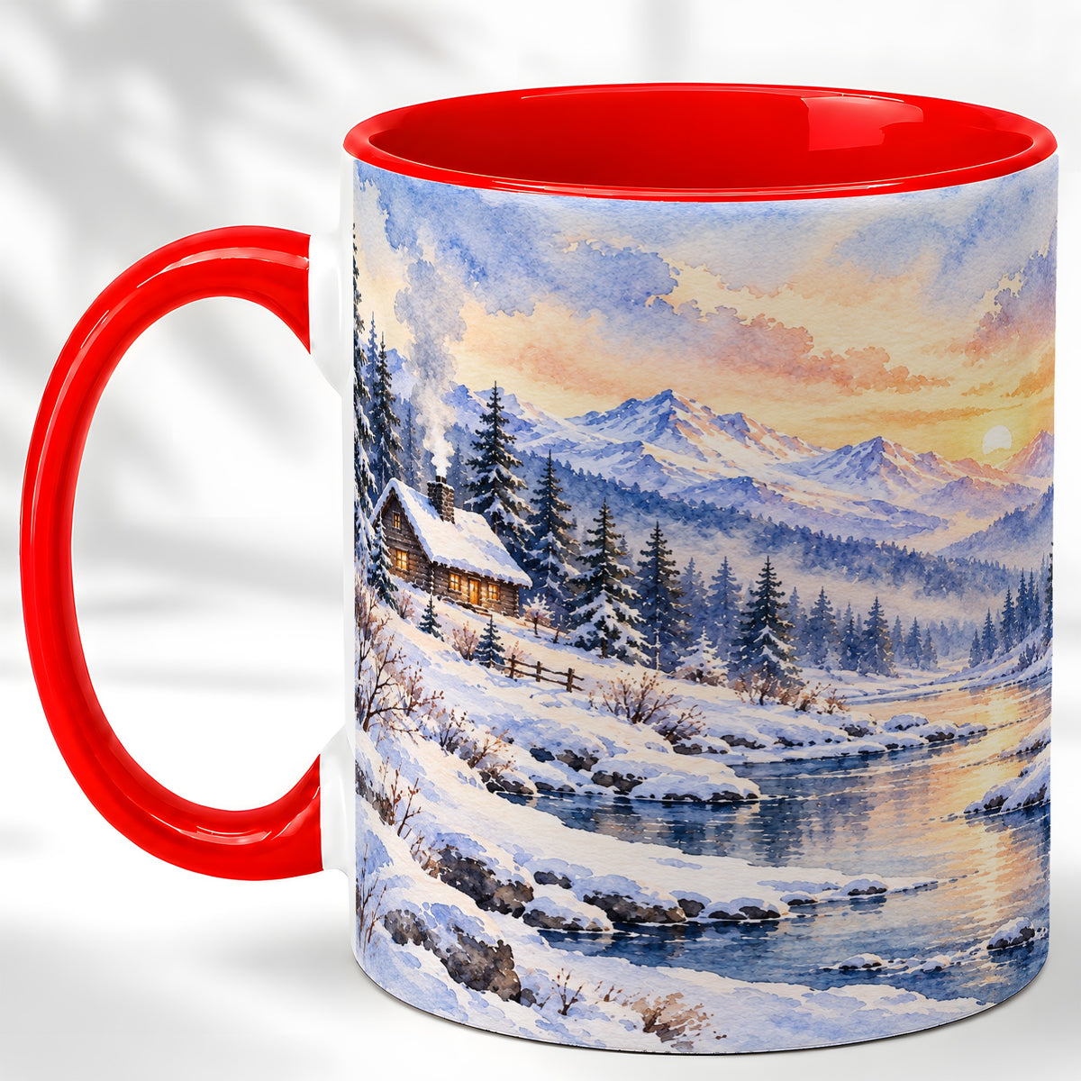 Watercolor Winter Cabin Coffee Mug, Snowy Mountain Mug, Ceramic Cup