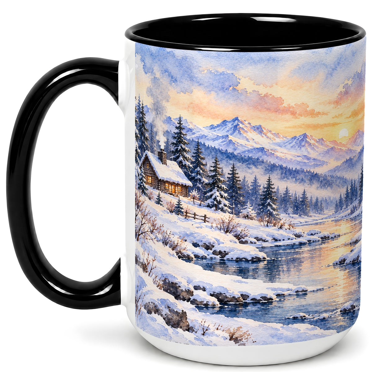 #pl[15oz|Black] Watercolor Winter Cabin Coffee Mug, Snowy Mountain Mug, Ceramic Cup