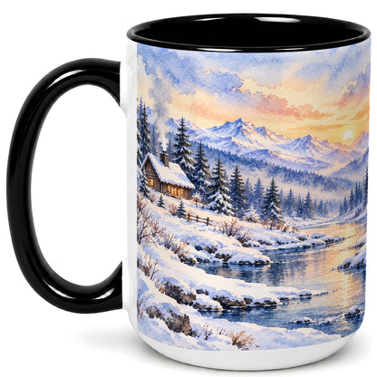 #pl[15oz|Black] Watercolor Winter Cabin Coffee Mug, Snowy Mountain Mug, Ceramic Cup
