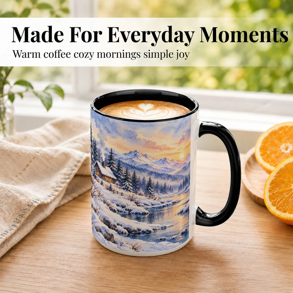 #pl[15oz|Black] Watercolor Winter Cabin Coffee Mug, Snowy Mountain Mug, Ceramic Cup