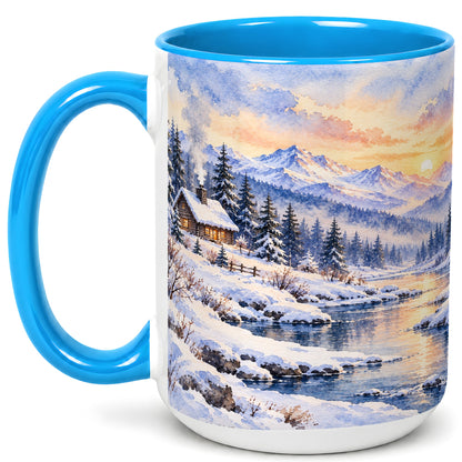 #pl[15oz|Blue] Watercolor Winter Cabin Coffee Mug, Snowy Mountain Mug, Ceramic Cup