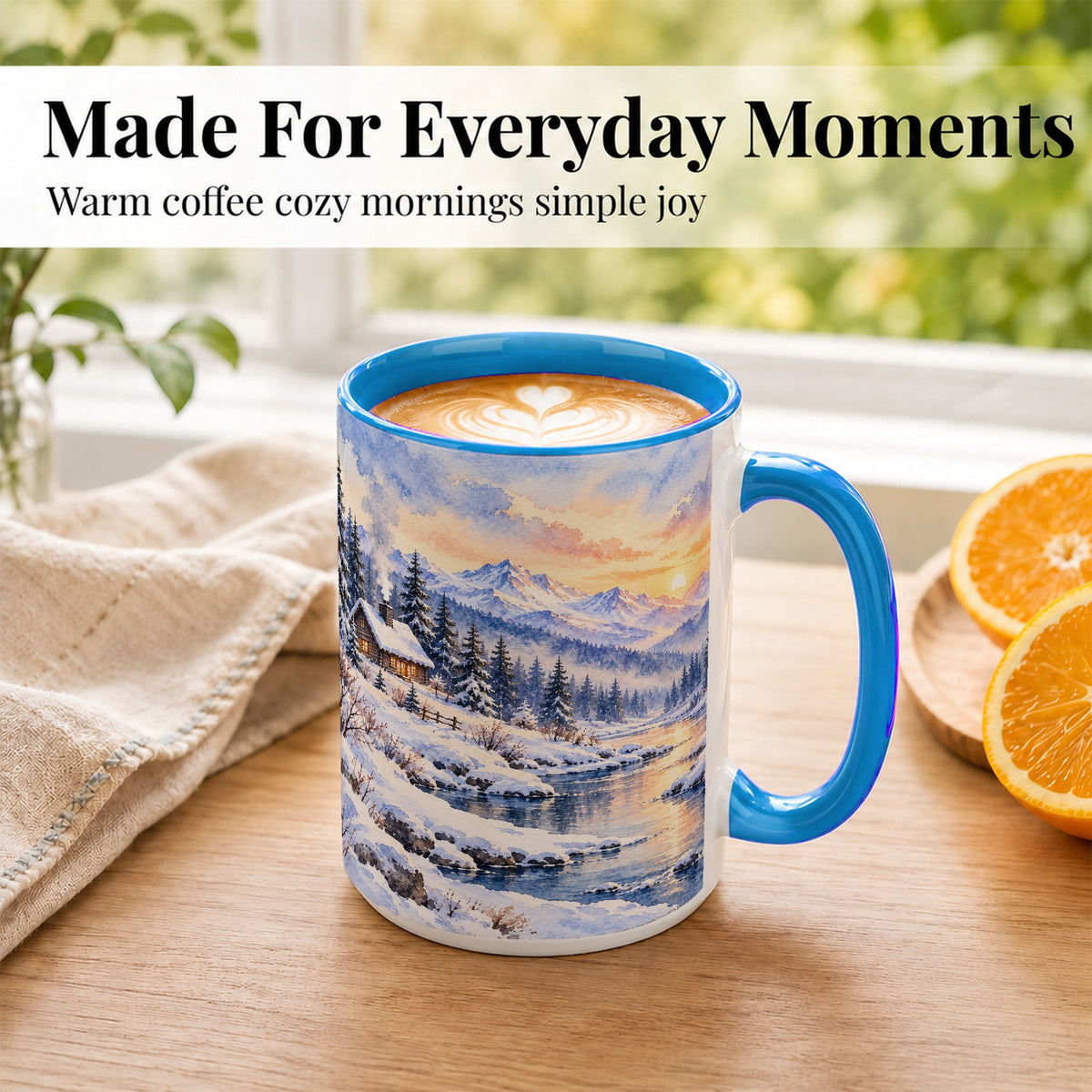 #pl[15oz|Blue] Watercolor Winter Cabin Coffee Mug, Snowy Mountain Mug, Ceramic Cup