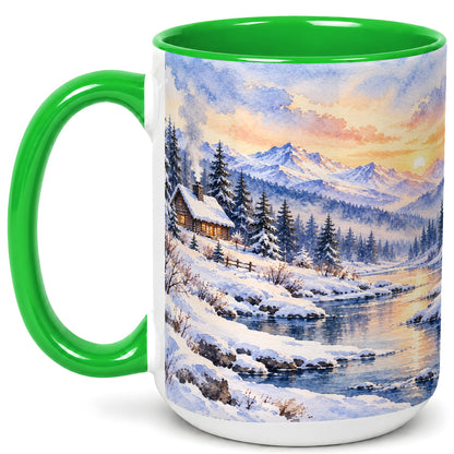 #pl[15oz|Green] Watercolor Winter Cabin Coffee Mug, Snowy Mountain Mug, Ceramic Cup