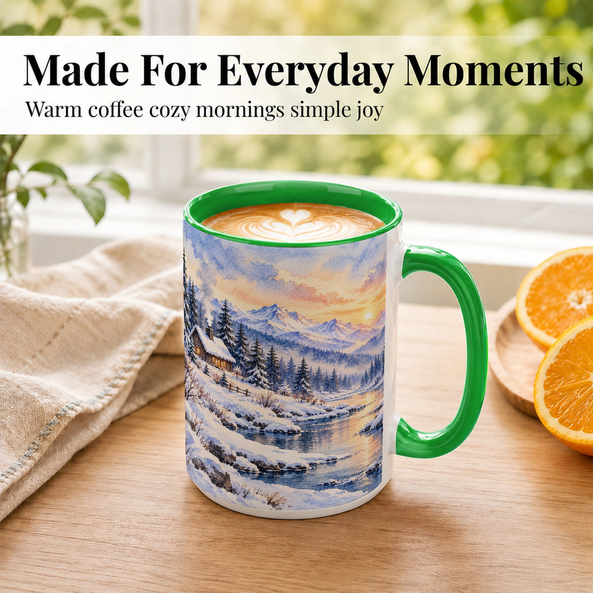 #pl[15oz|Green] Watercolor Winter Cabin Coffee Mug, Snowy Mountain Mug, Ceramic Cup
