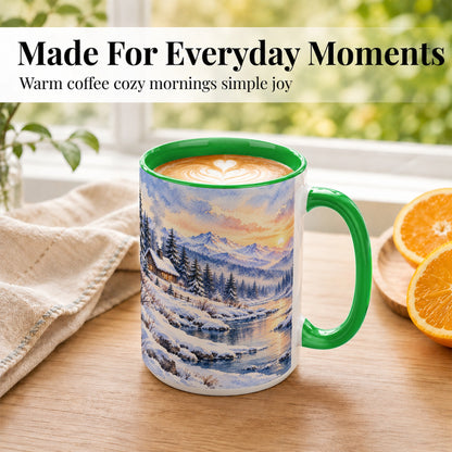 #pl[15oz|Green] Watercolor Winter Cabin Coffee Mug, Snowy Mountain Mug, Ceramic Cup