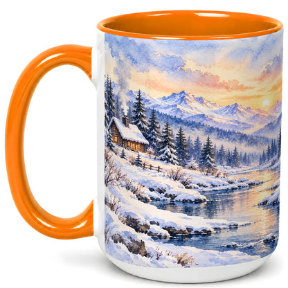 #pl[15oz|Orange] Watercolor Winter Cabin Coffee Mug, Snowy Mountain Mug, Ceramic Cup