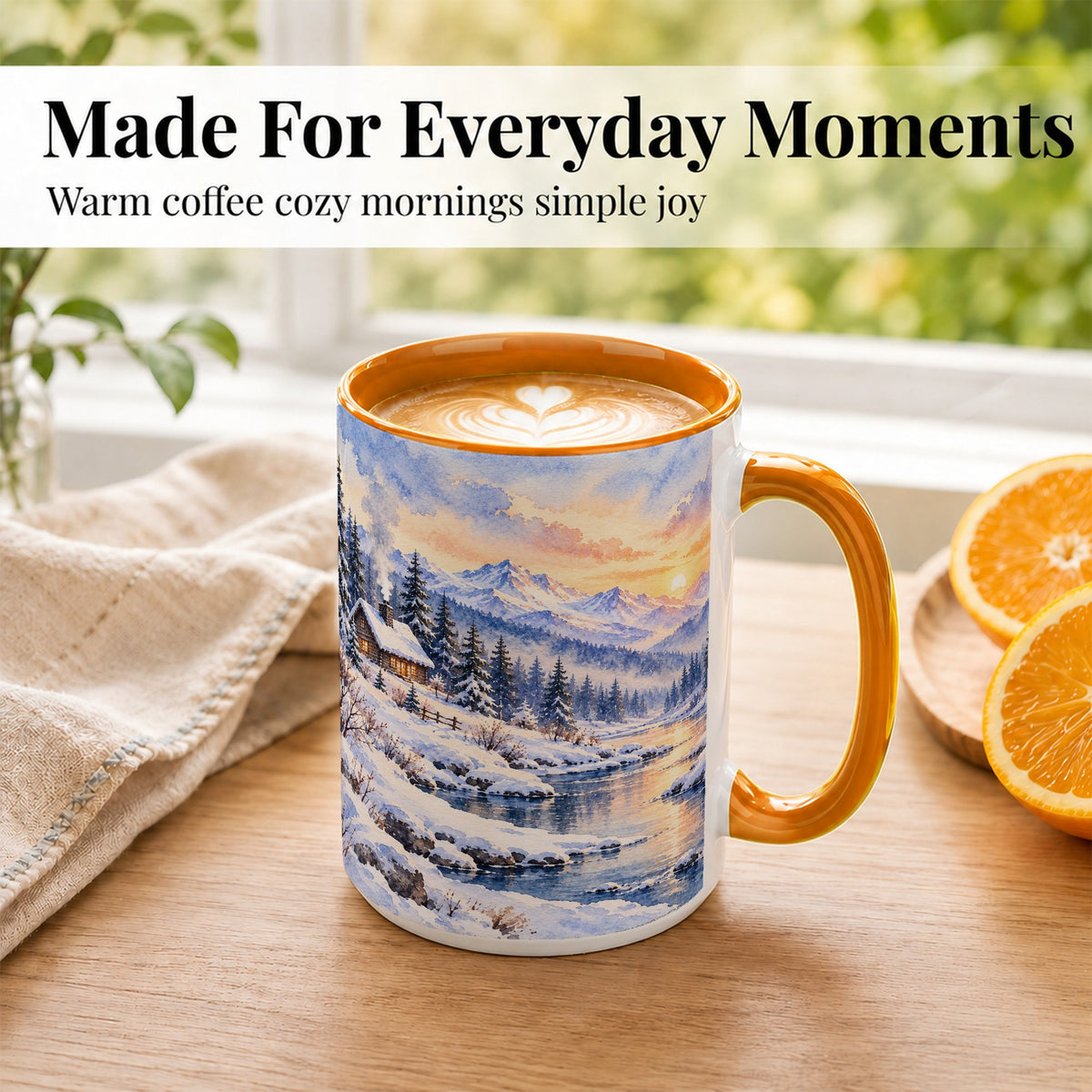 #pl[15oz|Orange] Watercolor Winter Cabin Coffee Mug, Snowy Mountain Mug, Ceramic Cup