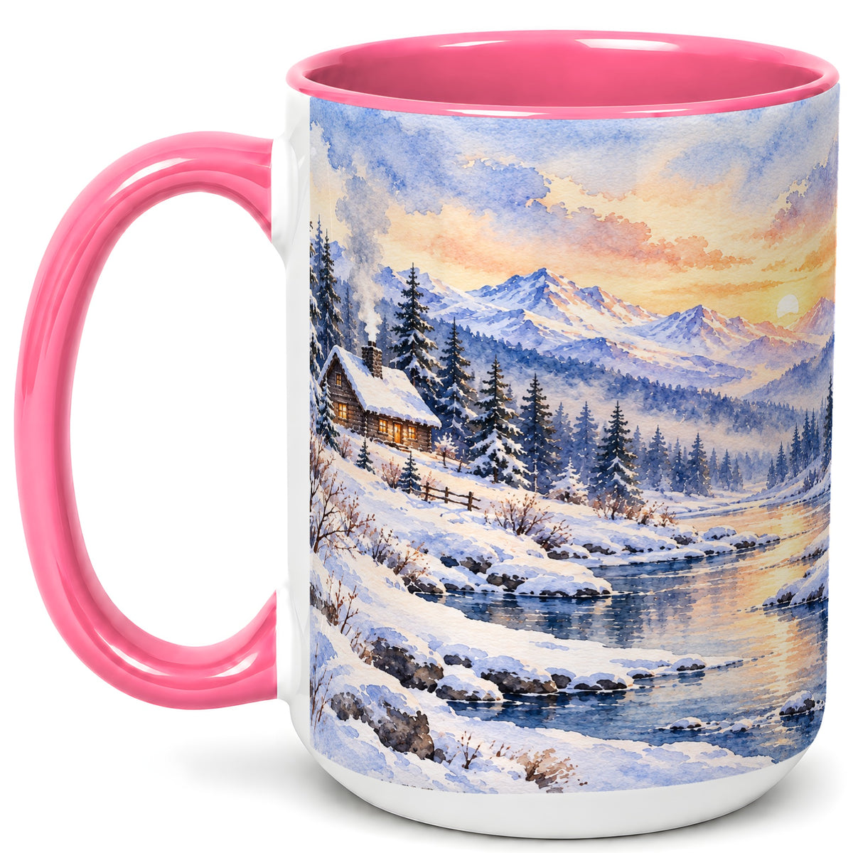 #pl[15oz|Pink] Watercolor Winter Cabin Coffee Mug, Snowy Mountain Mug, Ceramic Cup