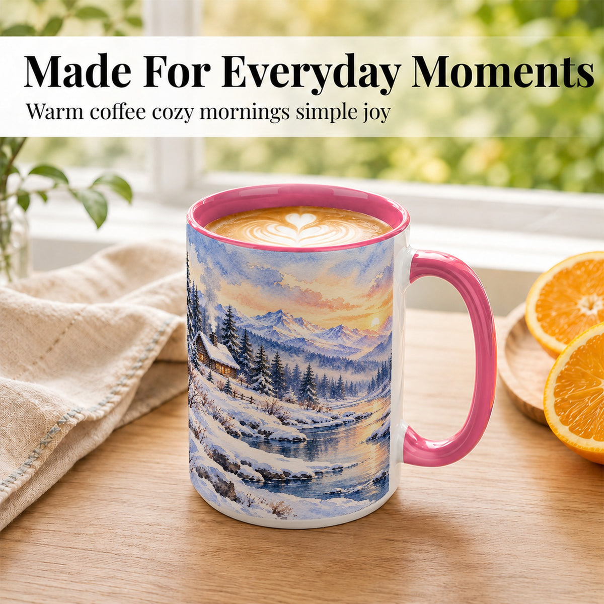 #pl[15oz|Pink] Watercolor Winter Cabin Coffee Mug, Snowy Mountain Mug, Ceramic Cup
