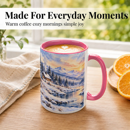 #pl[15oz|Pink] Watercolor Winter Cabin Coffee Mug, Snowy Mountain Mug, Ceramic Cup